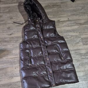Women Dex Faux Leather Dark Brown Hooded Puffer Vest
